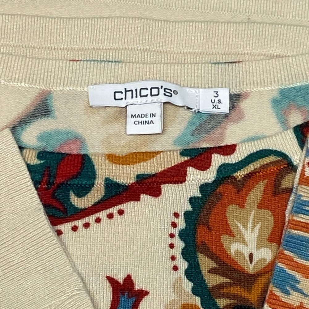 Chico’s Rust Green XL Knit Sweater Tee Long Sleeve Paisley Bateau Neck Pull Over - Picture 11 of 14